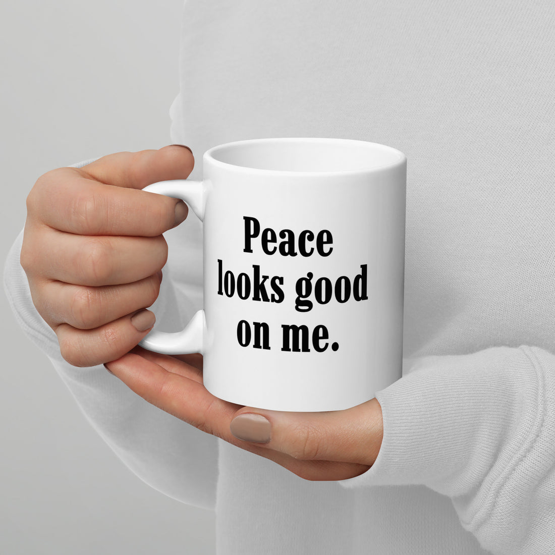 Peace Looks Good on Me Mug styled for a calm morning ritual